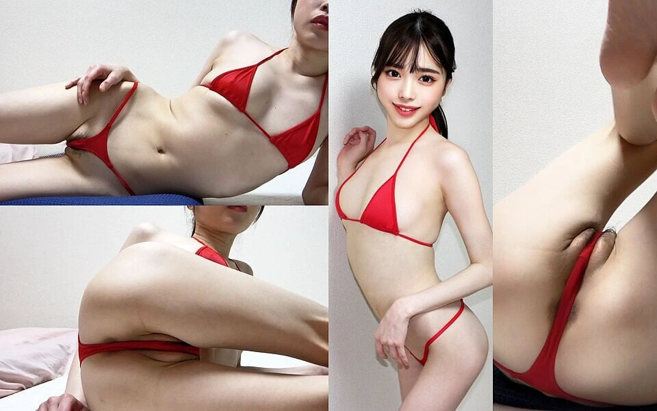 一个日本女孩一边努力健身训练, 一边穿着T字背比基尼, 丁字裤里插着丁字裤式相机, 一边深深掐裆部.