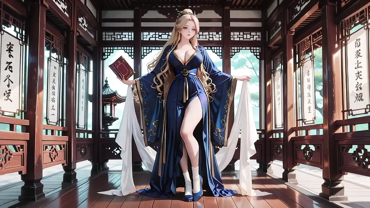 穿着丝绸的金发女神! 在阳光普照的日本走廊里懒散散步, 跪着一眼, 用指尖抚摸她的胸部