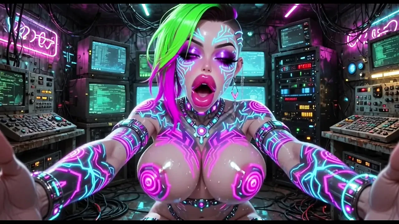 赛博朋克风格的女人弹跳胸部, Ai 动画