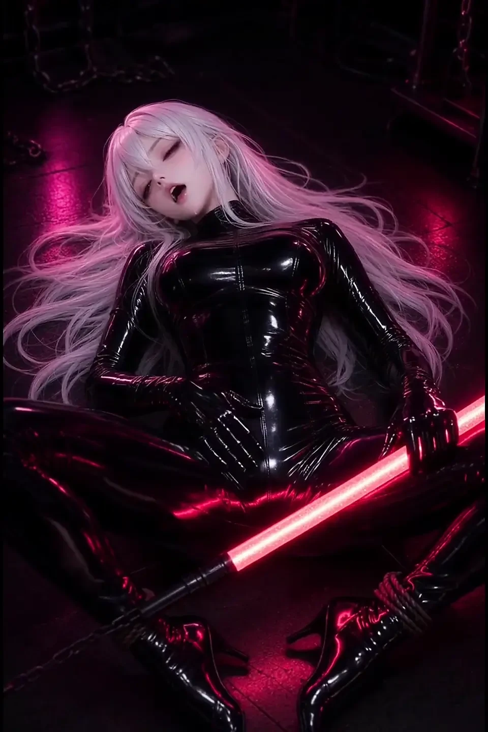 动漫束缚，白头发，黑色乳胶红绳