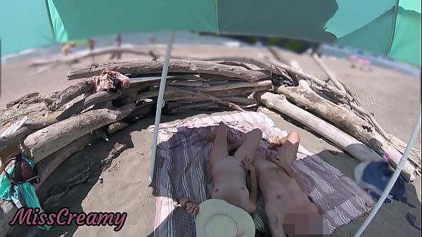 _2_voyeur_watching_us_while_my_hot_wife_masturbating_and_cumshot_cock_in_nudist_beach_public_-_risky_public_sex_-_caught_handjob_by_stranger_-_misscreamy